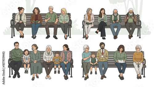 Diverse Groups of People Sitting on Park Benches Enjoying Leisure Time