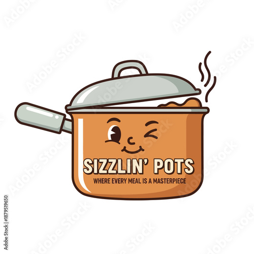 Cartoon Sizzling Pot with Happy Face.