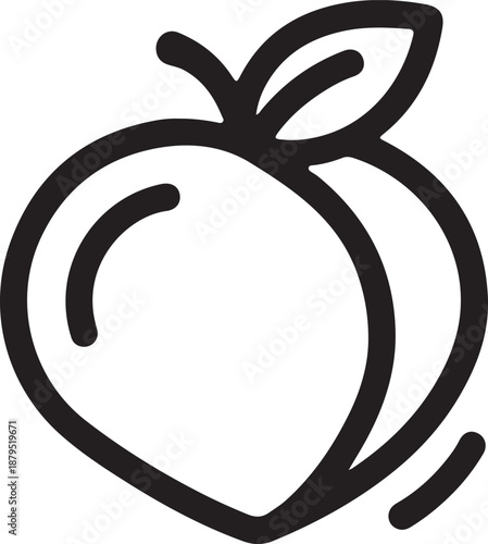 Minimalist peach fruit line icon on a white rounded square button, clean black and white graphic illustration for grocery or health apps