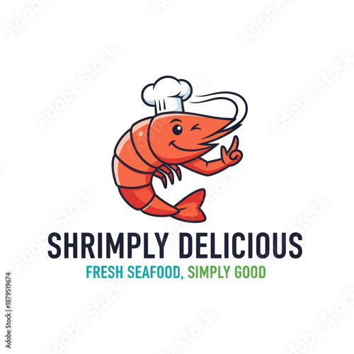 Cartoon Shrimp Wearing Chef Hat Logo.
