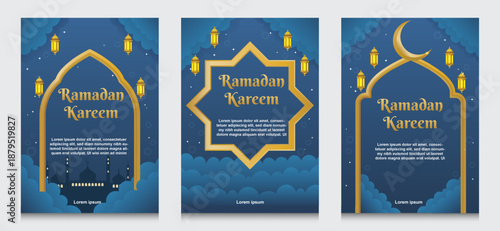 Ramadan Kareem Celebration Posters with Islamic Motifs and Lanterns