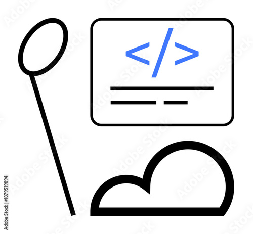 Cloud technology, web development, coding, data storage, software design, programming. A cloud shape, coding symbols in a rectangle and a pointer-thumbs up element. Cloud technology and web