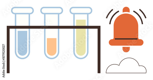Lab analysis, scientific research, chemical safety, experiment alerts, risk detection, quality control. Three test tubes with liquids and an alarm icon. Lab analysis and scientific research concepts