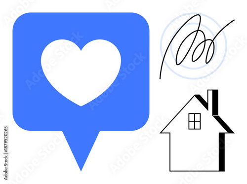 Social media, branding, digital signatures, identity verification, home ownership, online networking. Blue heart icon, house outline and abstract digital signature. Social media and branding concept