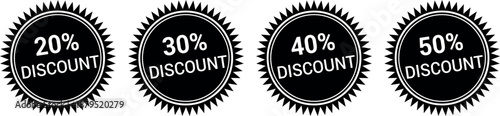 Black Discount Badges – 20% to 50% Off Promotional Labels