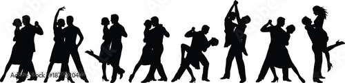 Silhouettes of dancing couples performing romantic ballroom and Latin dance poses, lifts, and movements expressing elegance, partnership, rhythm, and passion on a clean white background