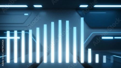 Neon-lit bar graph with glowing blue bars on a futuristic circuit board background with a dark and technological mood.