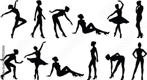 Silhouettes of elegant female models and dancers posing in fashion and movement positions expressing grace, confidence, glamour, and attitude on a clean white background