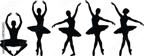 Silhouettes of ballet dancers in classical tutu poses and positions expressing elegance, balance, grace, and performance artistry on a clean white background