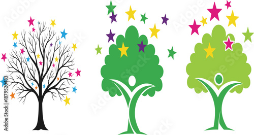 Creative Set of Starry Tree and Humanoid Growth Illustrations Featuring Vibrant Stars for Success and Nature Design.