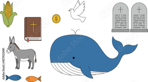 Comprehensive Set of Biblical Illustrations Featuring a Blue Whale Donkey Holy Bible and Peace Dove for Religious Design.
