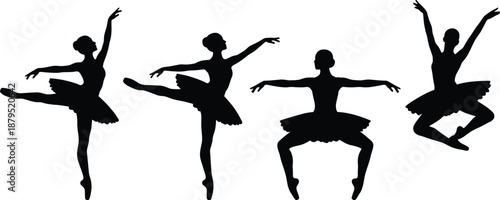 Silhouettes of graceful female ballet dancers in elegant classical poses and jumps wearing tutus, showcasing balance, flexibility, performance, and artistic movement on a clean white background
