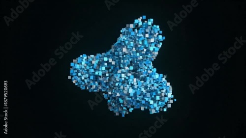 A blue butterfly shape made of small dots on a black background with a cinematic lighting effect and a cool color palette.