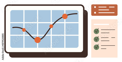 Data visualization, analytics, business reports, performance tracking, strategy planning, productivity tools. Graph with trend line and checklist elements. Analytics and business reports concept