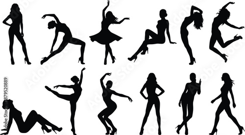 Silhouettes of stylish female models and dancers posing in elegant fashion and movement positions expressing attitude, grace, confidence, and performance on a clean white background