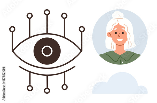 Artificial intelligence, digital identity, facial recognition, cybersecurity, data analysis, privacy protection. Abstract eye with circuit elements, portrait of a woman and a cloud icon. AI