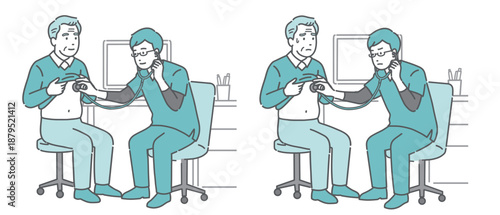 スクラブを着た男性医師による高齢男性の聴診イラストセット（正常・異常/体調不良）