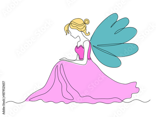 Fairy with wings, enchantress,
princess, abstract continuous single one line art hand drawing sketch logo on white background
