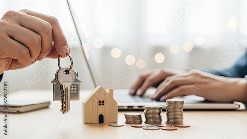Hand holding house keys with miniature house and coins on a desk, representing real estate and investment.