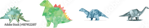 Watercolor Set Simple Paper Origami Dinosaur. Isolated on white background