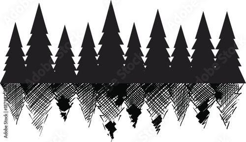 Minimal pine tree forest silhouette with hand drawn crosshatch reflection, abstract black evergreen woodland illustration isolated on white background