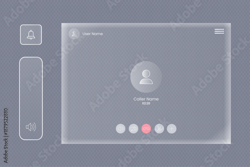 Professional video call user interface featuring username and caller details with modern glassmorphism design elements on a dark checkered background in vector illustration.