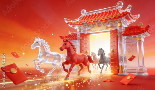 3D Rendered Festive Chinese New Year Scene for Year of the Horse, Featuring Running Horses, Traditional Red Archway, Red Envelopes and Vibrant Red Background