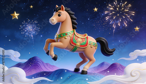 3D Rendered Illustration of a Decorated Galloping Horse in a Stylized Chinese Night Landscape with Fireworks and Stars, Symbolizing Year of the Horse Good Luck and Celebration