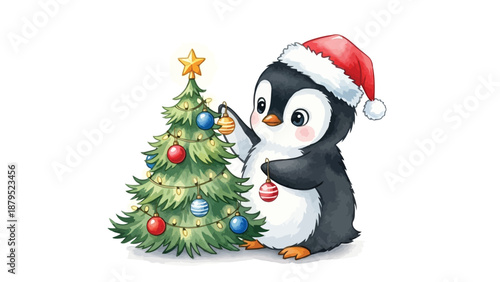 Cute Penguin in Santa Hat Decorating Christmas Tree with Ornaments