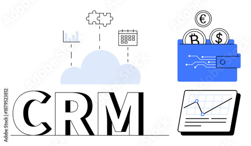 CRM text near cloud, bar chart, puzzle piece, calendar, wallet with digital money, and analytics chart. Ideal for business strategy, customer management, finance cloud systems growth data