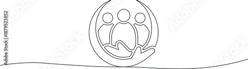 Continuous line drawing of three people in a circle teamwork unity collaboration concept graphic