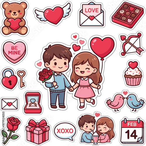 Cute Valentine's Day Couple Vector Illustration. Cartoon boy with roses and girl with heart balloon isolated sticker
