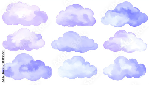 Cute watercolor cloud collection with varied shapes and pastel purple hues, offering a whimsical and dreamy look suitable for nursery art, illustrations, stickers, and creative storytelling.