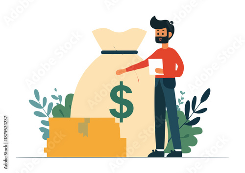 Wealth Buildup: Man with Money Bag and Stacked Coins