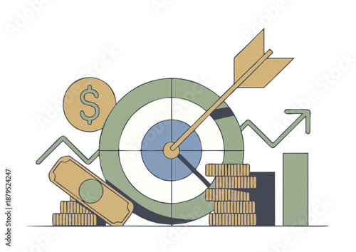 Financial Targets Achieved: Arrow Hit on Target with Coins, Stacks, and Growth Bars