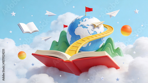 3D Rendered Illustration of Global Learning Concept, Featuring an Open Red Book, Yellow Staircase to Earth Globe, Paper Planes and Floating Books on Cloudy Sky Background