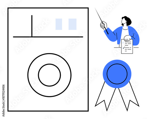 Person presenting a document with a pointer next to a certification badge and certificate. Ideal for education, training programs, compliance, professional growth, milestones, recognition, simple