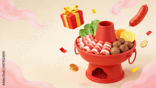 3D Rendered Illustration of a Red Chinese Hot Pot with Abundant Ingredients, Accompanied by a Gift Box and Gold Coins, Symbolizing Festive Dining and Promotional Benefits