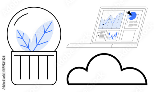 Environmental sustainability, data analysis, cloud technology, innovation, business strategy, green energy. A plant bulb, a digital graph on a screen and a cloud icon. Sustainability and data