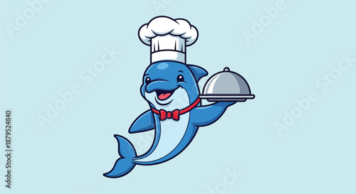 Cartoon dolphin wearing a chef's hat and red bow tie, carrying a covered serving dish against a light blue background.