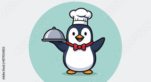 Cartoon penguin wearing a chef's hat and red bow tie holding a serving dish on a teal background.