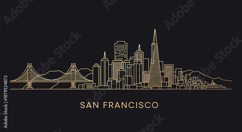 Golden line art illustration of San Francisco city skyline with bridge and buildings on black background.