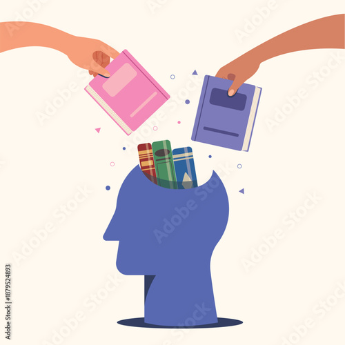Vector illustration of self-learning with books. Education and personal growth concept. 