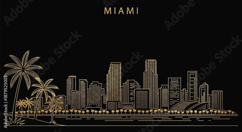Gold line art of Miami city skyline with palm trees against a black background.