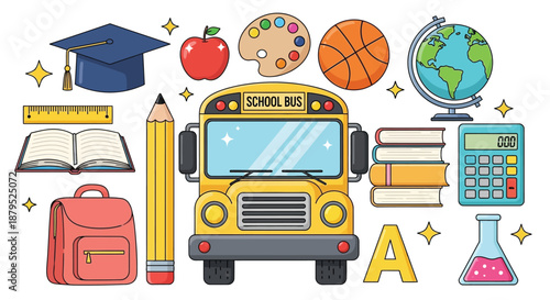 Colorful flat lay of various school supplies and symbols arranged on a clean white background with educational icons.