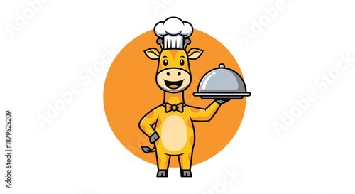 A cartoon giraffe wearing a chef's hat holds a silver serving dish against an orange circular background with a friendly expression.