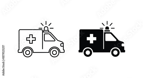 Line art illustration of two ambulances with flashing lights and medical crosses on a white background.