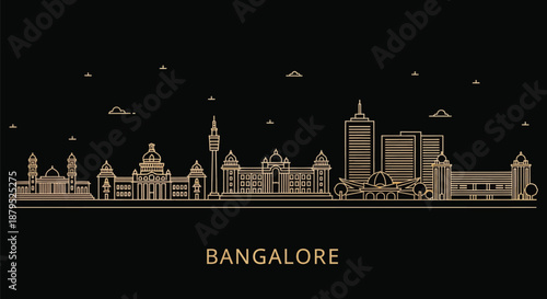 Illustration of Bangalore city skyline in gold against a black background with stars and clouds.