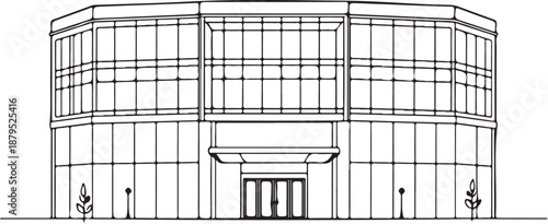 Department Store Mall Business Center Building Hand-drawn Sketch Drawing Vector Illustration, Line Linear Symbol Engraving Coloring Book, Black and White Isolated