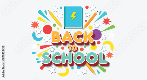 Colorful graphic illustration of a back to school theme with a tablet and vibrant design elements on a white background.